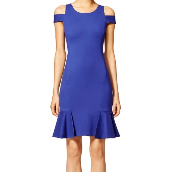 Rebecca Taylor Blue Sheath Mermaid Dress Off-Shoulder Fitted Flounce Size 0 - Picture 1 of 15